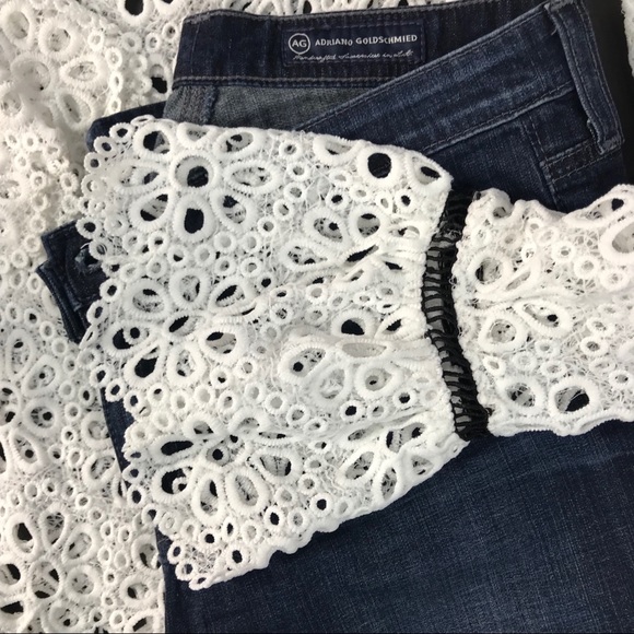 White Eyelet Blouse Ruffle Black Lace Boho Top - Picture 7 of 8